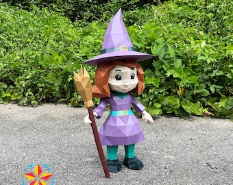 Papercraft-sculptuur met 3D-heks: doe-het-zelf halloweendecor (SVG, pdf-sjabloon)