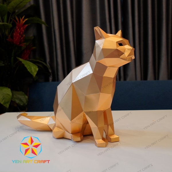 PDF SVG Template Cat Sitting PaperCraft, 3D Paper Craft SVG Files For Cricut, Paper Animals Low Poly Origami Sculpture Decor, Low Poly Cat