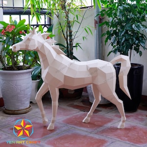 May include: A white papercraft horse sculpture with a geometric design. The horse is standing on a tiled floor with plants in pots in the background.