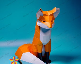 May include: A papercraft fox model in orange and white, sitting with its tail curled behind it. The fox is made of folded paper and has a realistic appearance.