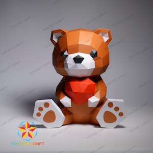 Modello PDF SVG fai da te per creare un orsetto di carta 3D, file SVG origami con decorazioni a basso poli per cricut