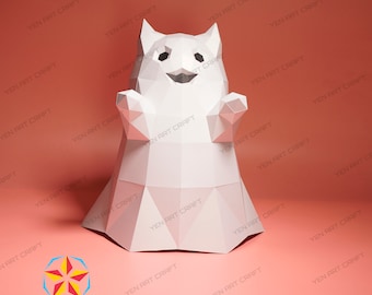 May include: A white papercraft ghost with a smiling face. The ghost is standing on a pink surface.