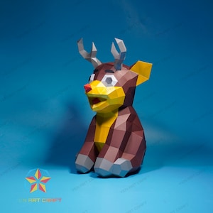 Reindeer Papercraft 3D Rudolph Sitting Paper Craft PDF, SVG Template for Cricut Projects, Low poly paper sculpture DIY Christmas Decorations
