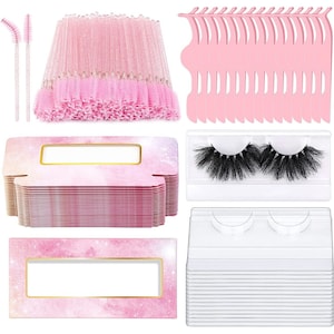 May include: A set of lash supplies including pink lash applicators, lash wands, lash boxes, and lash trays. The lash boxes have a pink and white galaxy design.