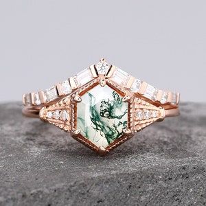 Hexagon Cut Natural Moss Agate 925 Sterling Silver Ring Set pour les femmes Bague de fiançailles Cadeaux d’anniversaire pour son ensemble de mariée fait à la main