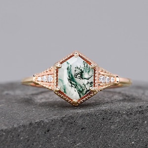 Hexagon Cut Natural Moss Agate 925 Sterling Silver Ring For Women Engagement Ring Green Gemstone Ring Handmade Anniversary Gifts