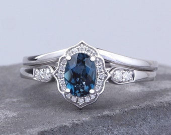 Bridal Set Oval Cut Natural London Blue Topaz Ring Set 925 Sterling Silver Ring For Women Royal Vintage Gemstone Ring Engagement Wedding