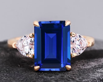 Lab Created Sapphire 925 Sterling Silver Ring Emerald Cut Gemstone Ring For Her Engagement Ring Wedding Band Three Stone Ring Birthstone