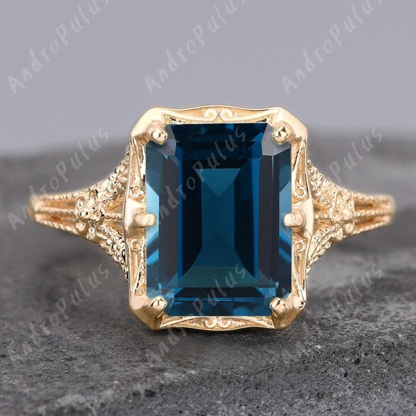 3.0CT Emerald Cut Natural London Blue Topaz 925 Sterling Silver Ring For Women Vintage Ring Handmade Silver Ring Gift For Her Solitaire Ring