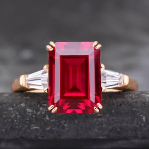 Emerald Cut Lab Created Ruby Engagement Ring For Women, Wedding Ring, Red Gemstone Ring, Anniversary Gift, Handmade Ring For Her