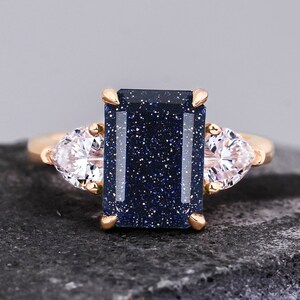 Three stone ring, emerald cut blue sandstone gold ring, promise ring, engagement ring for women, wedding ring, anniversary gifts