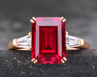 Emerald Cut Lab Created Ruby Engagement Ring For Women, Wedding Ring, Red Gemstone Ring, Anniversary Gift, Handmade Ring For Her