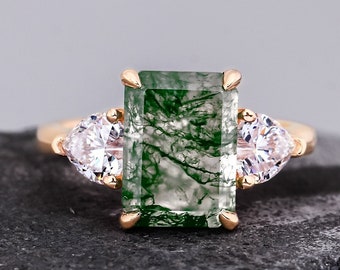 Three stone ring, emerald cut natural moss agate gold ring, promise ring, engagement ring for women, wedding ring, anniversary gifts