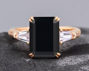 14K Yellow Gold Emerald Cut Natural Black Onyx Engagement Ring For Women, Wedding Ring, Black Gemstone Ring, Bridal Anniversary Gift