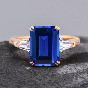 Engagement Ring Handmade Emerald Cut Lab Created Sapphire 925 Sterling Silver Ring Birthstone Ring Anniversary Gifts For Women