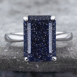 Solitaire Ring Emerald Cut Blue Sandstone 925 Sterling Silver Ring For Women Engagement Ring Luxury Green Gemstone Ring Minimalist Ring