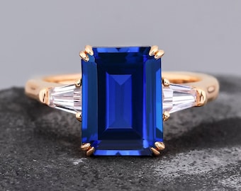 Engagement Ring Handmade Emerald Cut Lab Created Sapphire 925 Sterling Silver Ring Birthstone Ring Anniversary Gifts For Women