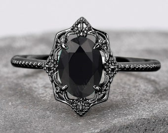 18K Black Gold Oval Cut Natural Black Onyx Ring Handmade Engagement Ring For Women Unique Black Gemstone Ring Royal Vintage Style Ring
