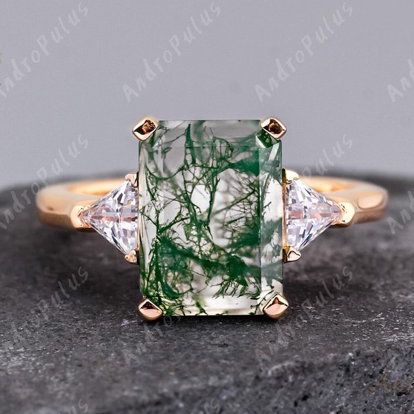 2.8CT Emerald cut natural moss agate 925 silver ring, engagement ring, wedding band, anniversary gifts, handmade bridal ring, gifts for her