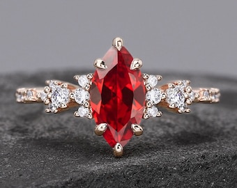 18K Rose Gold Marquise Cut Lab Created Ruby Ring For Women Engagement Ring Wedding Band Bridal Promise Ring Anniversary Handmade Ring