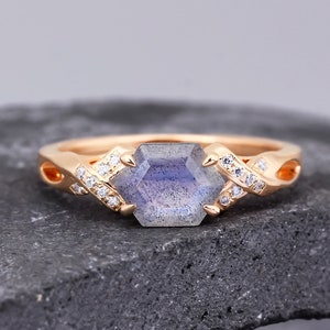 Natural Labradorite Hexagon Cut Engagement Ring, 925 Sterling Silver Ring, Luxury Handmade Ring, Promise Anniversary ring, Cluster ring