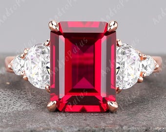 July Birthstone Emerald cut Red Ruby Engagement ring for women wedding ring gemstone ring anniversary gifts handmade ring for her