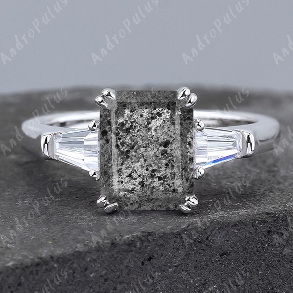 Emerald Cut Salt And Pepper Grey Diamond Natural Herkimer Diamond 925 Sterling Silver Ring For Women Engagement Ring Luxury Three Stone Ring