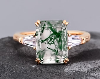 925 sterling silver emerald cut natural moss agate engagement ring for women, wedding ring, green gemstone ring, bridal anniversary gift