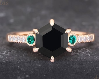 Hexagon cut natural black onyx engagement ring 925 sterling silver emerald wedding ring gemstone ring bridal anniversary gift ring for women