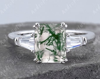 3.0CT Emerald Cut Natural Moss Agate 925 Sterling Silver Ring Cubic Zirconia Engagement Ring Three Stone Ring Gifts For Her CZ Diamond