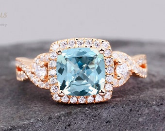 K Solid Gold Cushion Cut Natural Aquamarine Ring Handmade Blue Gemstone Ring Engagement Ring Art Deco Ring Anniversary Gifts For Her
