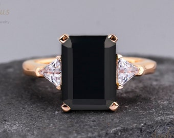 2.8CT Emerald cut natural black onyx 925 silver ring, engagement ring, wedding band, anniversary gifts, handmade bridal ring, gifts for her