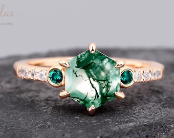 Hexagon cut moss agate engagement ring 925 sterling silver emerald wedding ring green gemstone ring bridal anniversary gift ring for women