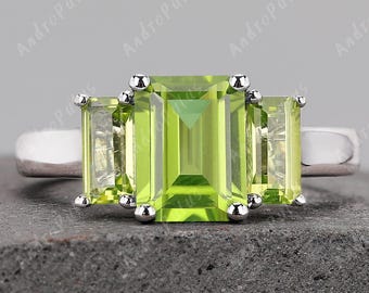 925 Srebro Sterlingowe Szmaragdowy Naturalny Peridot Pierścionek Zaręczynowy Pierścionek Rocznica Ślubu Klasyczny Trzy Kamienny Pierścionek Prezent Dla Niej