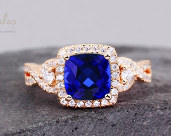 Luxury cushion cut lab created sapphire 925 sterling silver ring for women engagement ring wedding band promise anniversary handmade gifts
