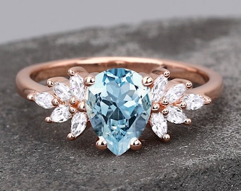 Teardrop Shape Natural Aquamarine K Solid Gold Ring Engagement Ring Wedding Band Handmade Gemstone Ring Unique Promise Ring