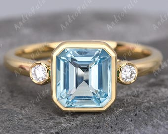 18K solid Gold 2.5CT Natural Aquamarine ring Engagement ring for women Emerald cut Gemstone March Birthstone ring Anniversary Gift For Her