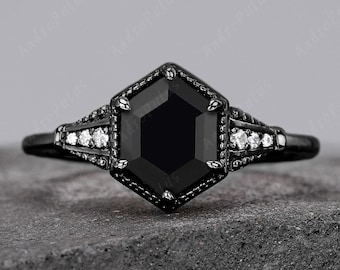 Hexagon Cut Natural Black Onyx Black Gold Ring For Women Engagement Ring Luxury Gemstone Ring Handmade Anniversary Gifts