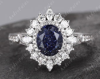 Oval geschliffener blauer Sandstein-Ring aus 925er Sterlingsilber für Frauen, luxuriöser Edelstein-Ring, handgefertigter Silberring, Geschenke für Sie, Geburtsstein-Ring