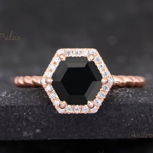 Natural Black Onyx engagement ring vintage 925 sterling silver unique hexagon cut art deco wedding bridal anniversary gifts for her ring