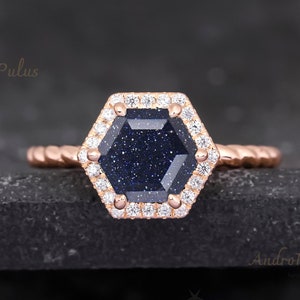 Blue sandstone engagement ring vintage 925 sterling silver unique hexagon cut art deco wedding bridal anniversary gifts for her ring