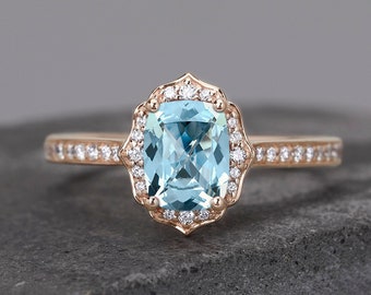 Cushion Cut Natural Aquarmarine K Solid Gold Engagement Ring For Women, Blue Gemstone Ring, Anniversary Gift, Handmade Ring For Her