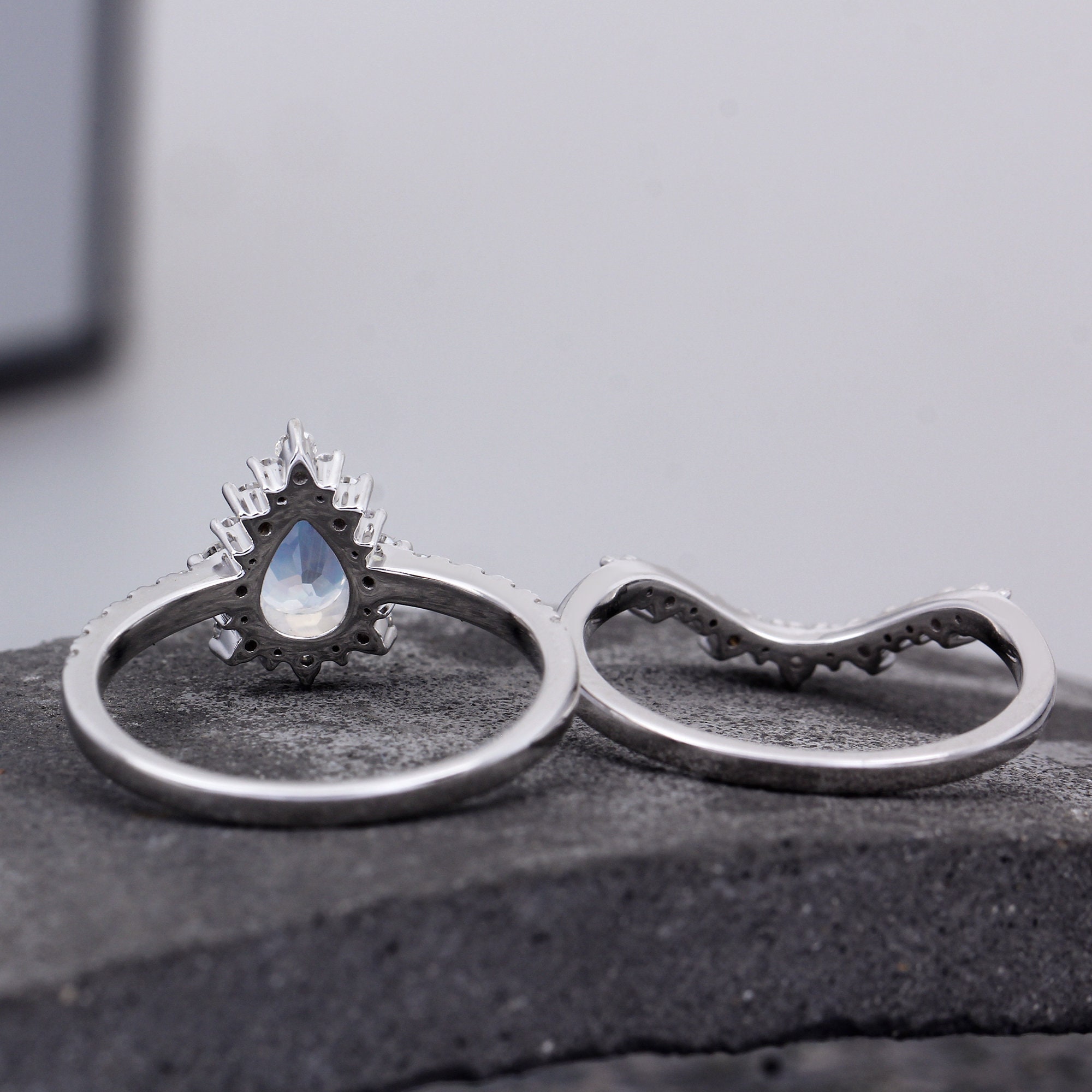 Bridal Set, Teardrop Gemstone Ring, Natural Moonstone White Gold Ring ...