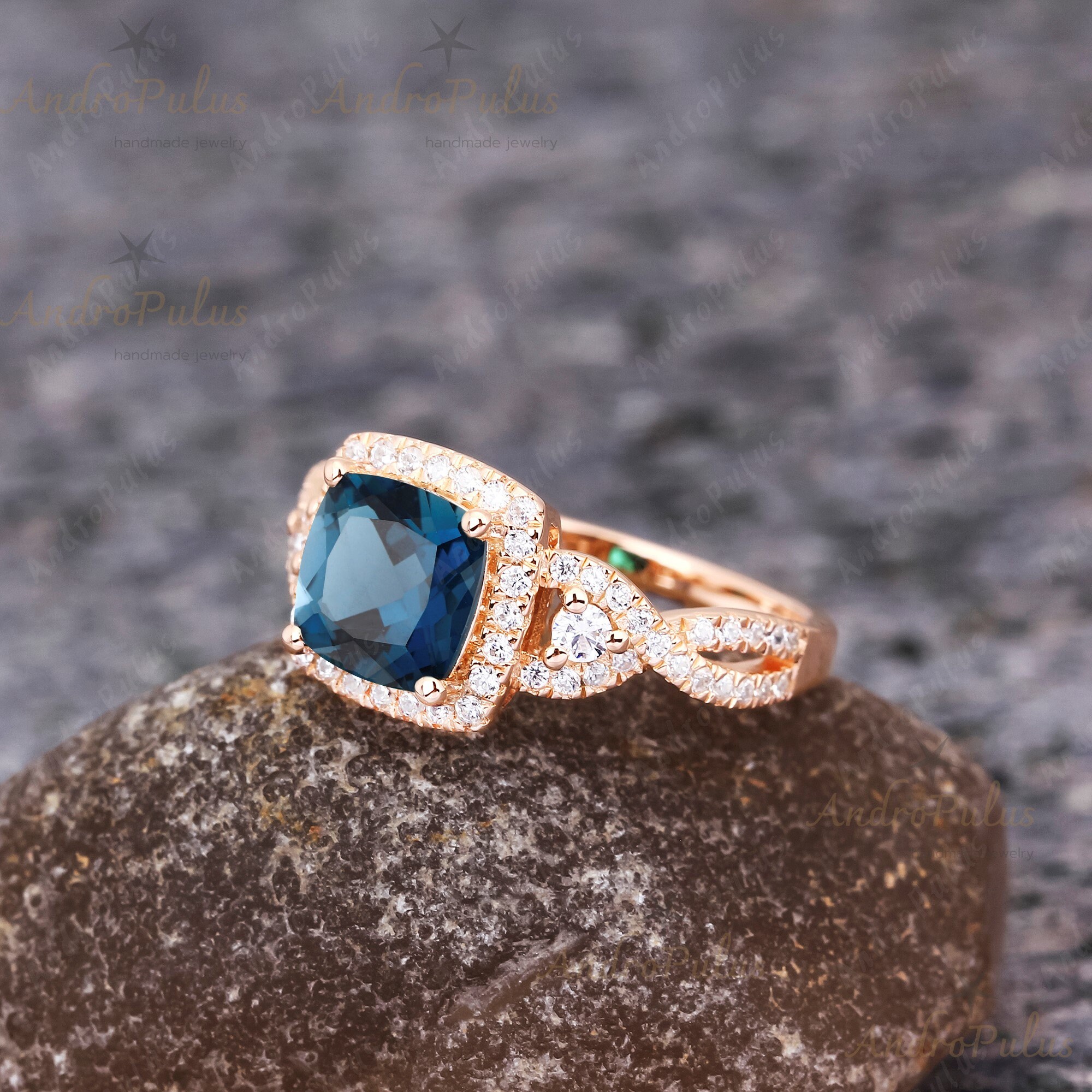 Luxury Cushion Cut Natural London Blue Topaz 925 Sterling Silver Ring ...