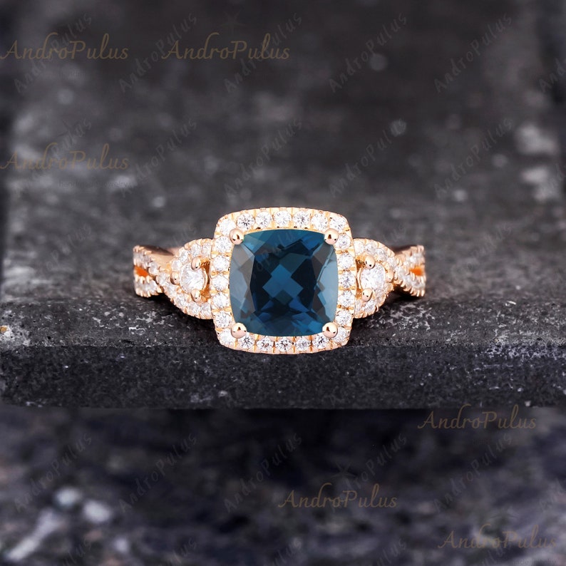 Luxury Cushion Cut Natural London Blue Topaz 925 Sterling Silver Ring ...