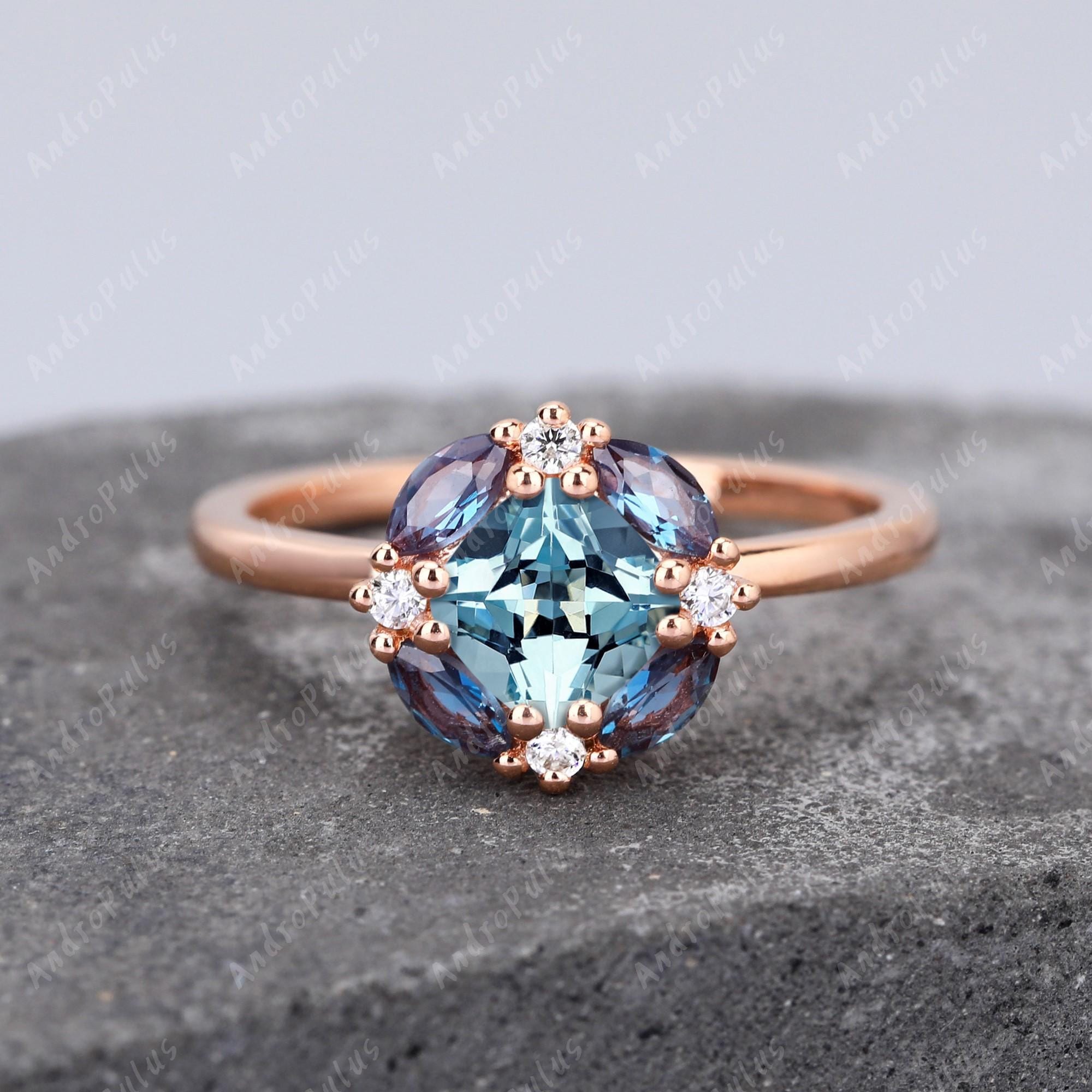 Natural Aquamarine Cushion cut ring light blue gemstone ring 18K rose gold engagement ring marquise Alexandrite handmade gifts for her