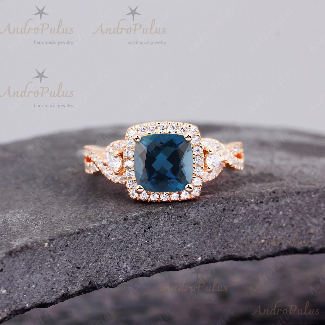 Luxury Cushion Cut Natural London Blue Topaz 925 Sterling Silver Ring ...