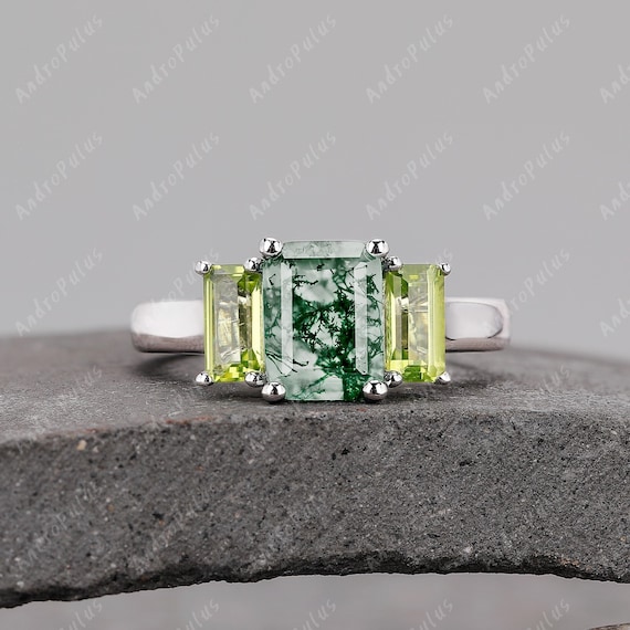 2.0CT Emerald Cut Natural Moss Agate 925 Sterling Silver Ring Natural Peridot Side Stone Engagement Ring Three Stone Ring Gifts For Her