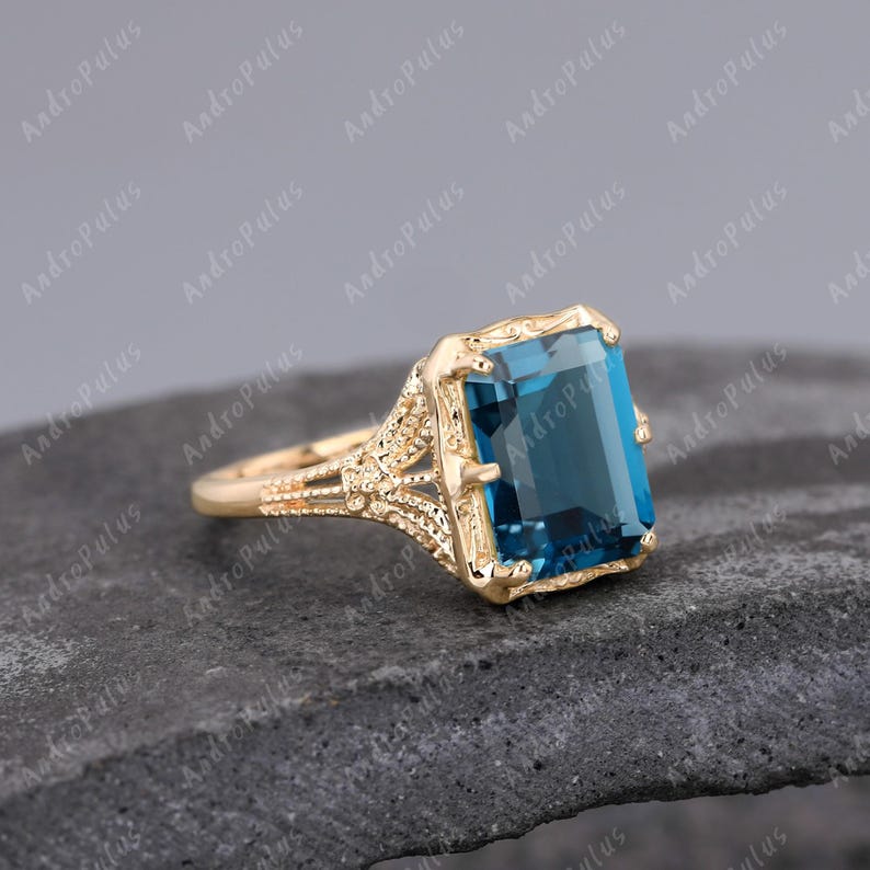 3.0CT Emerald Cut Natural London Blue Topaz 925 Sterling Silver Ring ...
