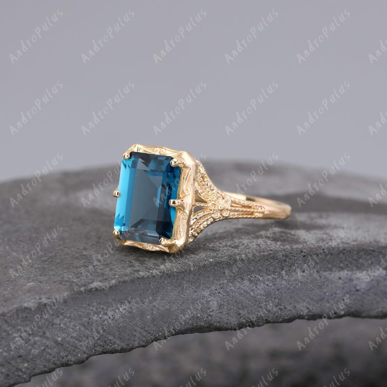 3.0CT Emerald Cut Natural London Blue Topaz 925 Sterling Silver Ring ...
